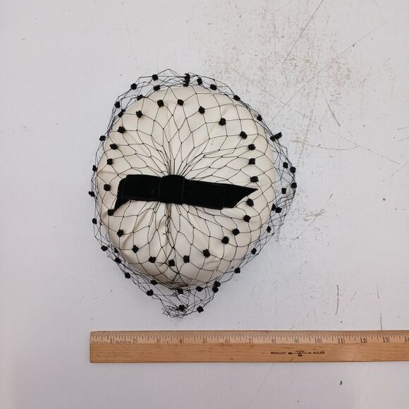Ivory Fabric & Satin Pillbox Ladies Hat W/ Black Net Veil -Cathay of California - Picture 12 of 12